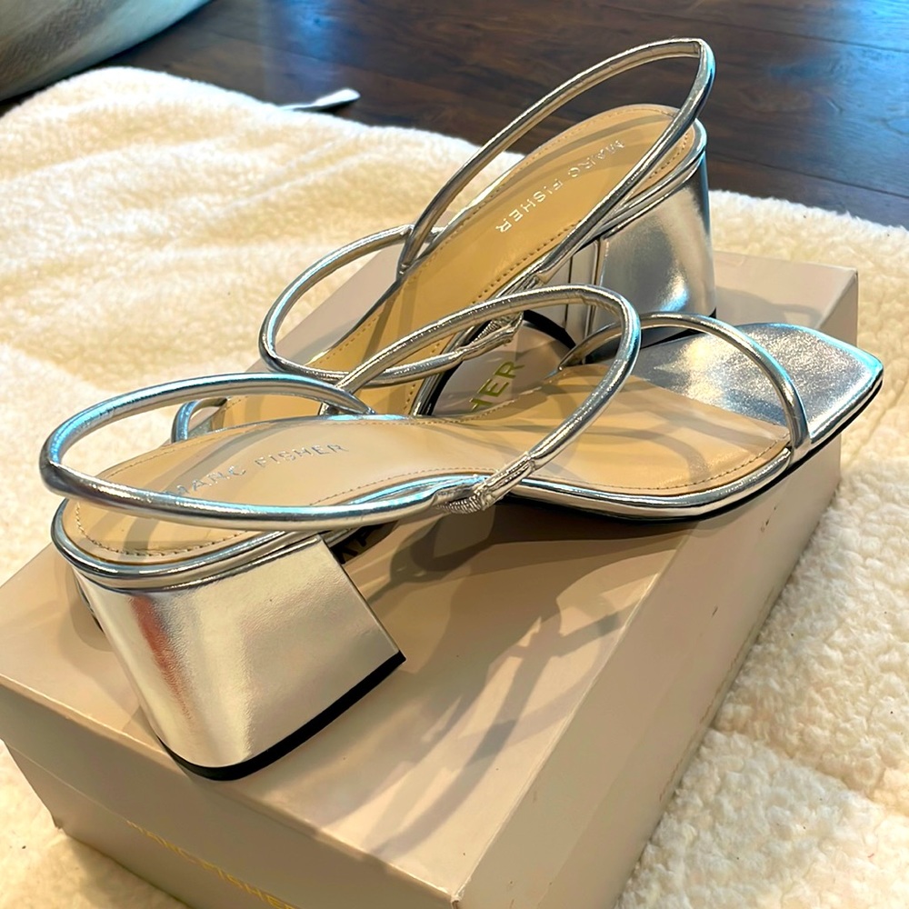 Marc Fisher silver block heel sandal. Brand new never worn! Size 9
